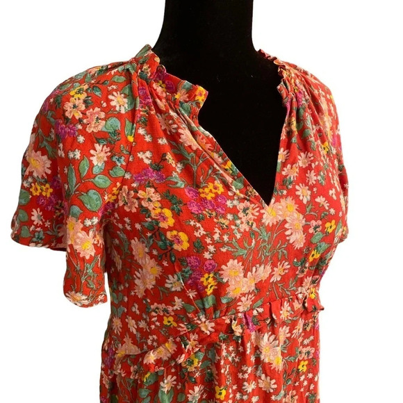 ANTHROPOLOGIE Red Robin Floral Ruffles Spliced Neck Tiered Mini Dress Size XXS - Picture 5 of 12
